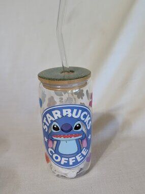 16oz Glass “CAN” Tumbler featuring a Starbucks – inspired Stitch design